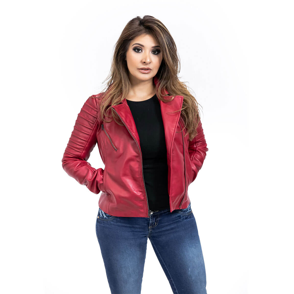 Fashion Patchwork Women Rose Red Genuine Leather Jacket Autumn