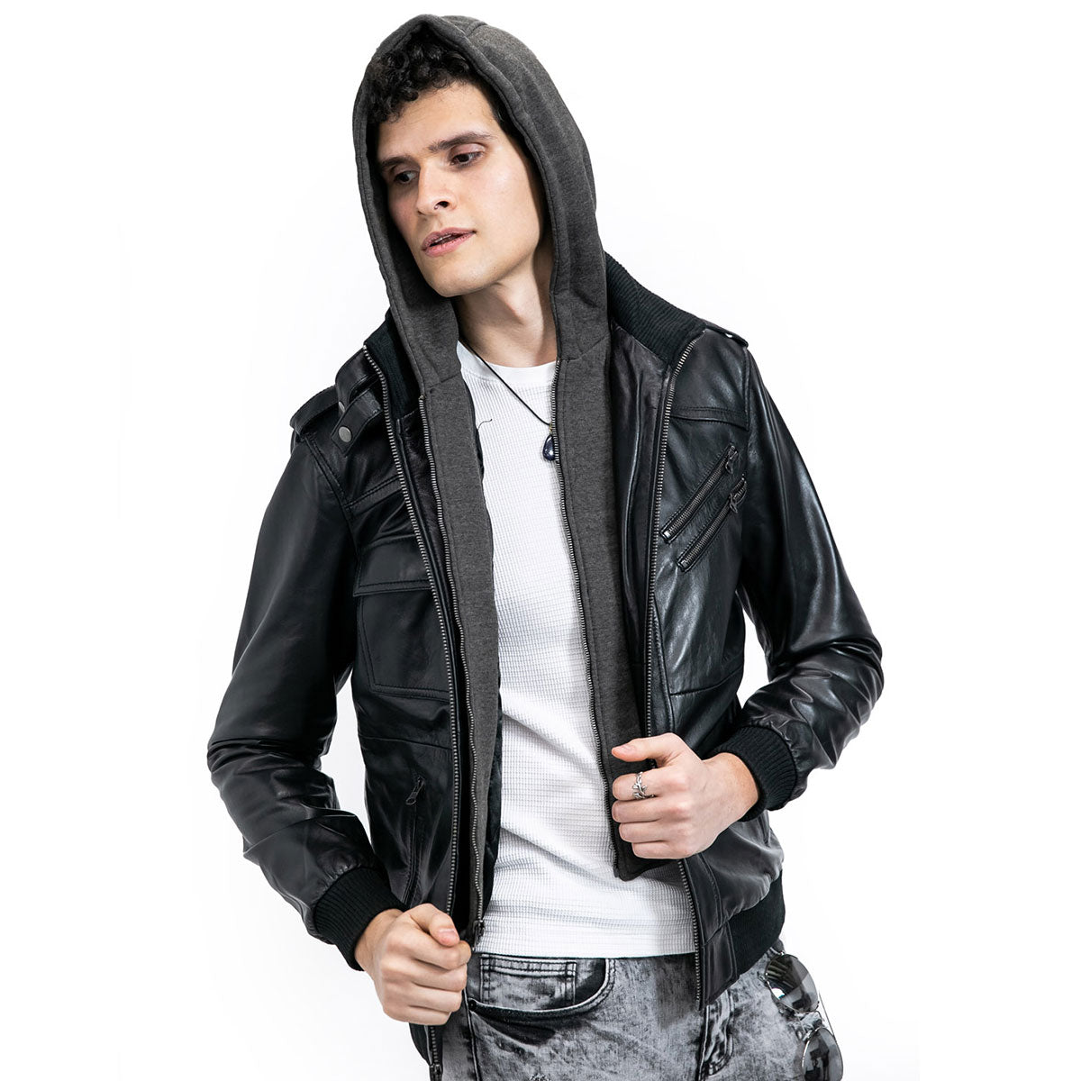 TLC Fashion Men's Leather Jacket with Hood - Stylish Leather Bomber Jacket for Men