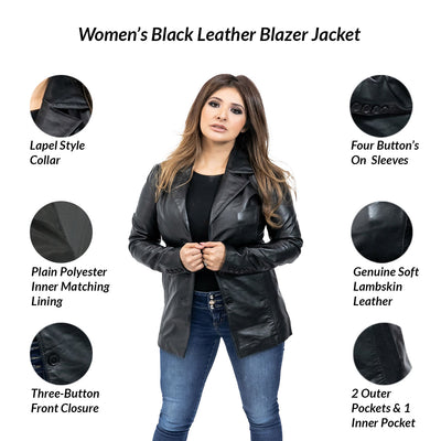 Classic 3-Button Black Lambskin Leather Blazer Ja