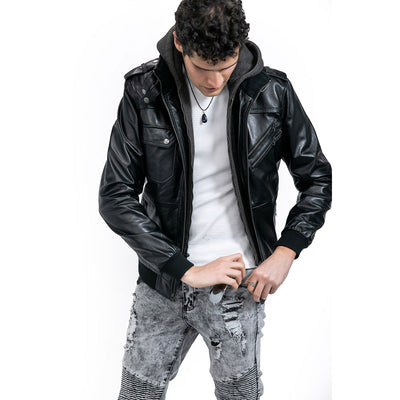 Black Leather Bomber Jacket With Removable Hood