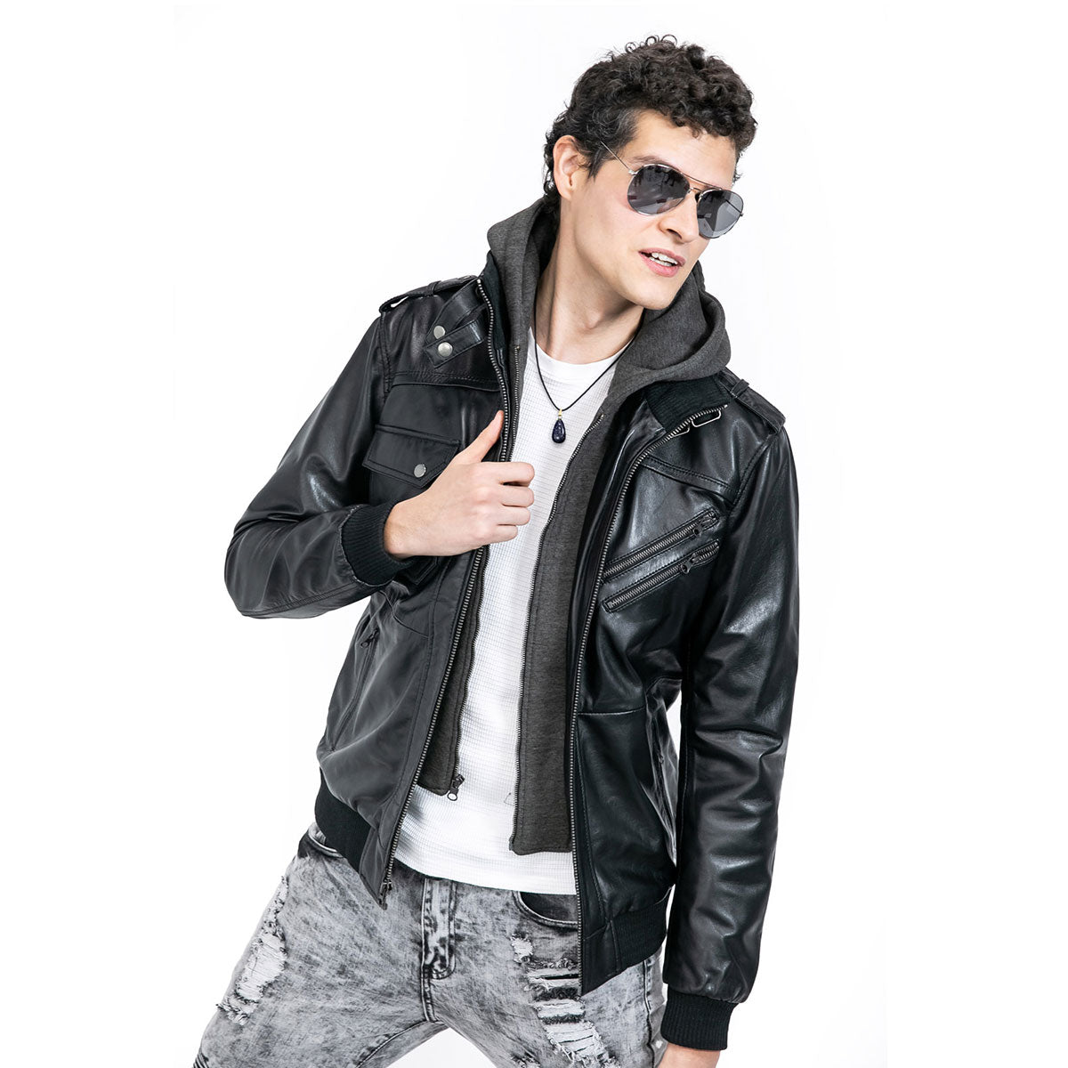 Black Leather Bomber Jacket With Removable Hood
