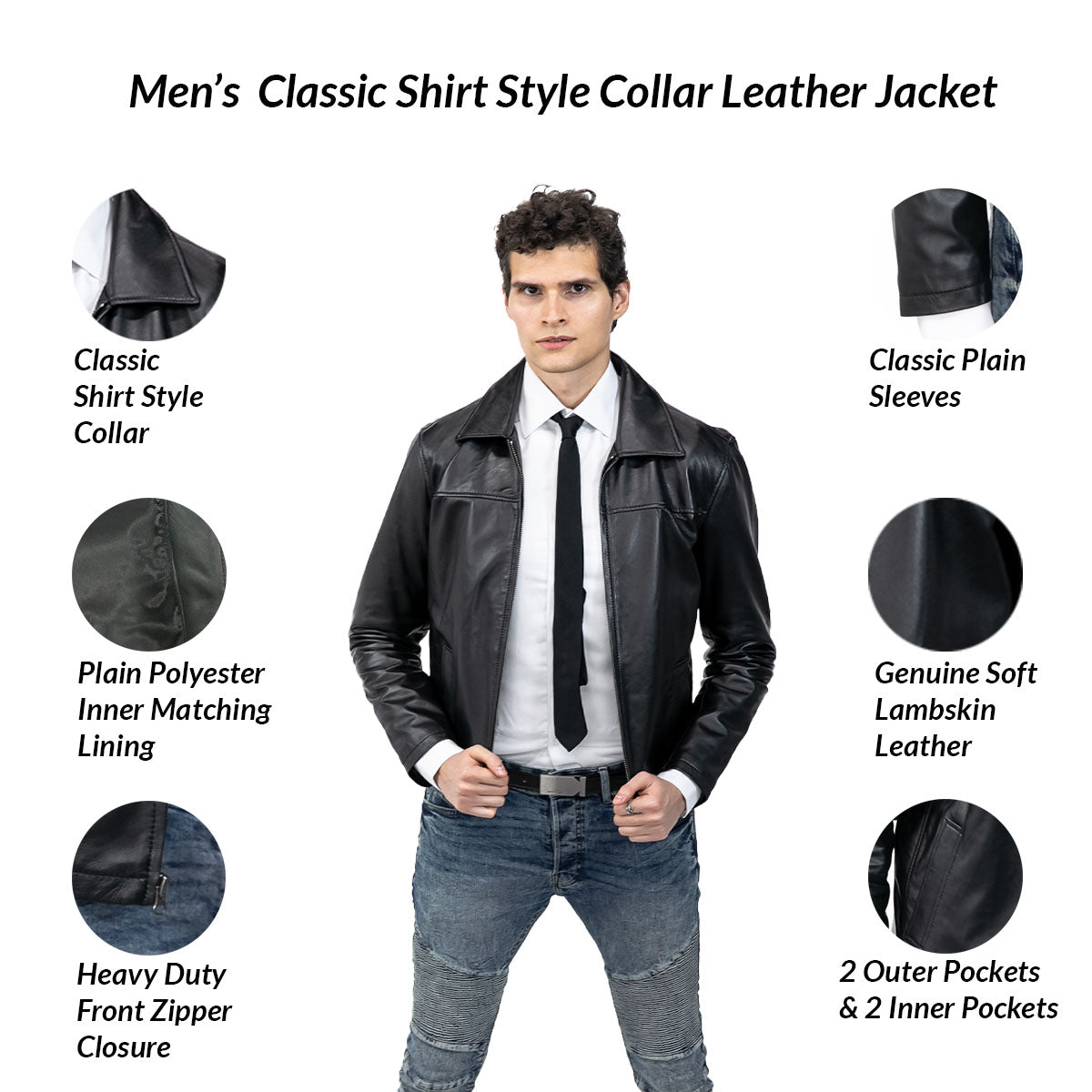 Classic Collar Black Leather Shirt Jackets