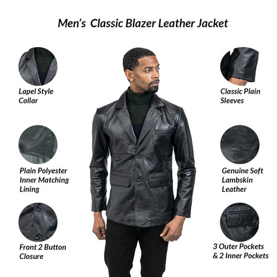 Classic 2-Button Black Leather Blazer Jacket
