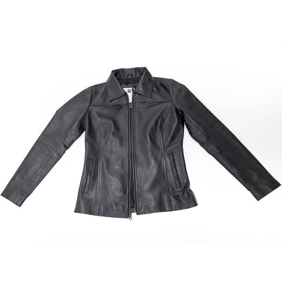 Classic Shirt Collared Black Leather Jacket Zip Up Pea Coat Blazer