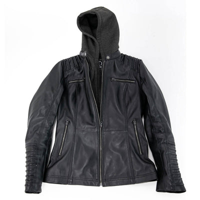 Removable Hooded Black Leather Jacket