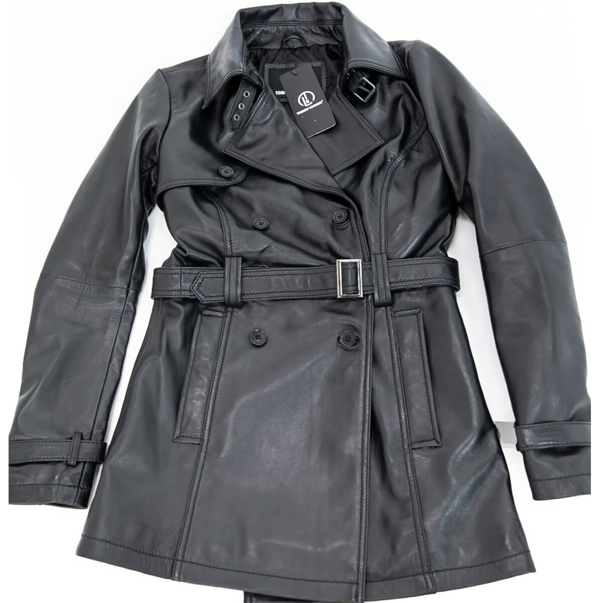 Mid-Length Belted Black Leather Trench Coat Womens